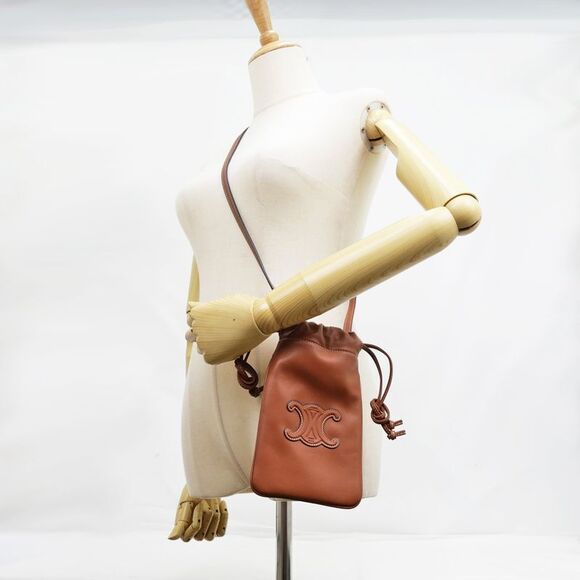 Celine Drawstring Mobile Pouch Shoulder Bag Cuill Triomphe Tan Brown - Picture 9 of 10